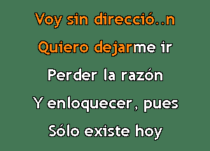 Voy sin direcci6..n
Quiero dejarme ir
Perder la razc'm

Y enloquecer, pues

Sdlo existe hoy