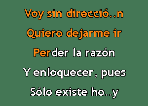 Voy sin direcci6..n
Quiero dejarme ir
Perder la razc'm

Y enloquecer, pues

S6lo existe ho..y