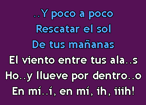 ..Y poco a poco
Rescatar el sol
De tus mar'ianas
El viento entre tus ala..s
Ho..y llueve por dentro..o
En mi..i, en mi, ih, iiih!