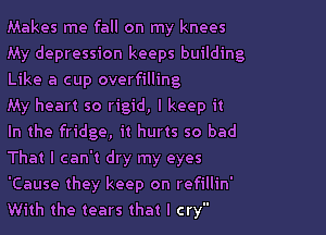 Makes me fall on my knees
My depression keeps building
Like a cup overfilling

My heart so rigid, I keep it

In the fridge, it hurts so bad

That I can't dry my eyes

'Cause they keep on refillin'
With the tears that I cry