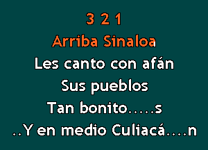 3 2 1
Arriba Sinaloa
Les canto con aszm

Sus pueblos
Tan bonito ..... s
..Yen medio Culiaca....n