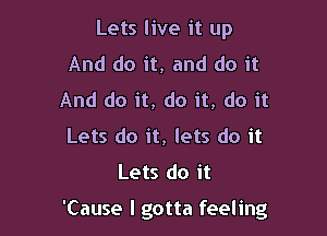 Lets live it up
And do it, and do it
And do it, do it, do it
Lets do it, lets do it
Lets do it

'Cause I gotta feeling