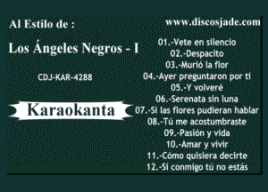 Al Esiilo do t MWLdiswsjudr.cum

01.-Vele tn '.1Ienclo
02.-Despacito
DJ.-Mur16 Ia EDI
CDJ-MR-HSB 04 -Ayn prvguntarunpur ti
05.-Y vclvert
06.-Serenela sin luna

W oz-sa us Hats mom hablzr

08 .Tu me azmtutrbrute
09,-Pasmn y deJ
10.-Amu )9 MW

11.-Comu quisiera decide

12.-Si canmigu to no ends

Lns Angclcs Negros - I