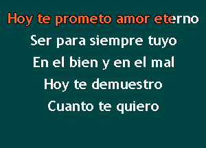 Hoy te prometo amor eterno
Ser para siempre tuyo
En el bien y en el mal
Hoy te demuestro
Cuanto te quiero