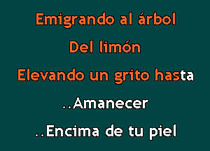 Emigrando al arbol

Del limc'm

Elevando un grito hasta

..Amanecer

..Encima de tu piel