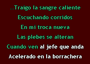 ..Traigo la sangre caliente
Escuchando corridos
En mi troca nueva
Las plebes se alteran
Cuando ven al jefe que anda

Acelerado en la borrachera