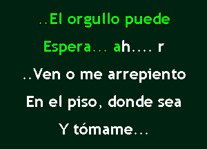 ..El orgullo puede

Espera... ah.... r
..Ven 0 me arrepiento
En el piso, donde sea

Y tdmame...