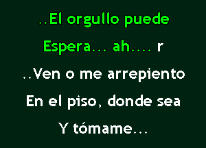 ..El orgullo puede

Espera... ah.... r
..Ven 0 me arrepiento
En el piso, donde sea

Y tdmame...