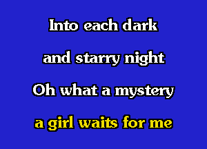 Into each dark
and starry night

Oh what a mystery

a girl waits for me I