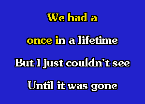 We had a
once in a lifetime
But I just couldn't see

Until it was gone