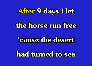 After 9 days I let

1he horse run free

'cause the desert

had turned to sea I