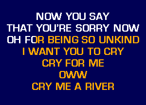 NOW YOU SAY
THAT YOU'RE SORRY NOW
OH FOR BEING SO UNKIND

I WANT YOU TO CRY
CRY FOR ME
OWW
CRY ME A RIVER