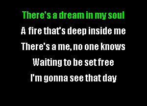 There's a dream in my soul

1! fire that's deep inside me

There's a me, no one knows
Waitingto he setfree
I'm gonna seethattlau