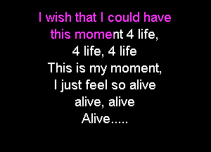 I wish that I could have
this moment 4 life,
4 life, 4 life
This is my moment,

I just feel so alive
alive, alive
Alive .....