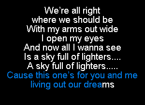 Welre all right
where we should be
With my arms out wide
I open my eyes
And now all I wanna see
Is a sky full of lighters....
A sky full of lighters .....
Cause this onels for you and me
living out our dreams