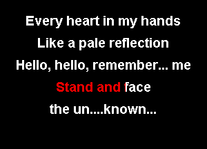 Every heart in my hands

Like a pale reflection
Hello, hello, remember... me
Stand and face
the un....known...