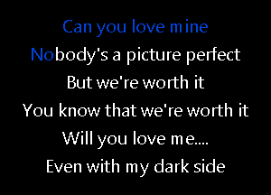 Can you love m ine
Nobody's a picture perfect
But we're worth it
You know that we're worth it
Will you love me....

Even with my dark side