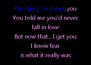 The day I... first In et you
You told me you'd never
fall in love
But now that... I get you
I know fear

is what it really was