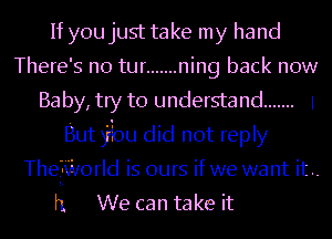 If you just take my hand
There's no tur ....... ning back now
Baby, try to understand ....... 1
But ybu did not reply
Thefifvorld is ours if we want it ..
h We can take it