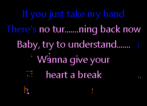 If you just take my hand
There's no tur ....... ning back now
Baby, try to understand ....... 1
' wanna give your
heart a break

r1 ,