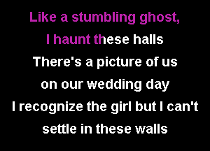 Like a stumbling ghost,
I haunt these halls
There's a picture of us
on our wedding day
I recognize the girl but I can't
settle in these walls