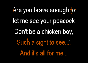 Are you brave enoughta
let me see your peacock
Don't be a chicken boy,

Such a sight to see..i

And it's all for me...