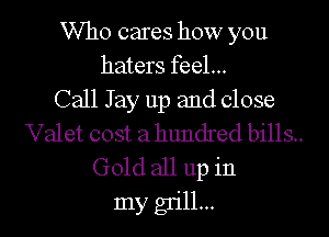 Who cares how you
haters feel...
Call Jay up and close

Valet cost a hundred bills.
Gold all up in

my gn'll...