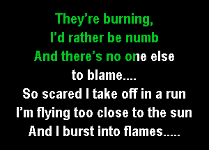 They're burning,
I'd rather be numb
And there's no one else
to blame....
So scared I take off in a run
I'm flying too close to the sun
And I burst into flames .....