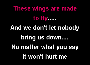 These wings are made
to fly .....
And we don't let nobody

bring us down...
No matter what you say
it won't hurt me