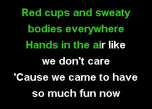 Red cups and sweaty
bodies everywhere
Hands in the air like

we don't care
'Cause we came to have

so much fun now I