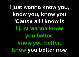 I just wanna know you,
know you, know you
'Cause all I know is
ljust wanna know
you better,
know you better,
know you better now