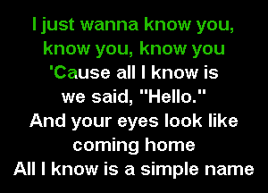 I just wanna know you,
know you, know you
'Cause all I know is
we said, Hello.

And your eyes look like
coming home
All I know is a simple name