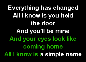 Everything has changed
All I know is you held
the door
And you'll be mine
And your eyes look like
coming home
All I know is a simple name