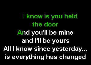 Everything has changed
All I know is you held
the door
And you'll be mine
and I'll be yours
All I know since yesterday...
is everything has changed