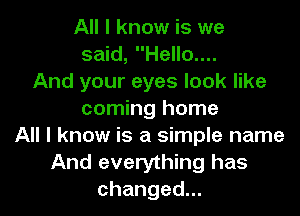 All I know is we
said, Hello....
And your eyes look like
coming home
All I know is a simple name
And everything has
changed.