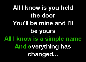 All I know is you held
the door
You'll be mine and I'll

be yours
All I know is a simple name
And everything has
changed.