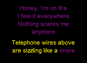 Honey, I'm on fire

I feel it everywhere

Nothing scares me
anymore

Telephone wires above
are sizzling like a snare