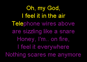 Oh, my God,

I feel it in the air
Telephone wires above
are sizzling like a snare

Honey, I'm.. on fire,
I feel it everywhere
Nothing scares me anymore