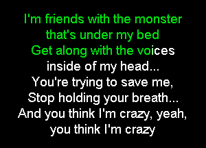 I'm friends with the monster
that's under my bed
Get along with the voices
inside of my head...
You're trying to save me,
Stop holding your breath...
And you think I'm crazy, yeah,
you think I'm crazy