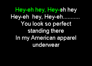 Hey-eh hey, Hey-eh hey
Hey-eh hey, Hey-eh ...........
You look so perfect
standing there

In my American apparel
underwear