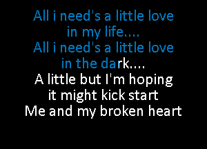 All i need's a little love
in my life....
All i need's a little love
in the dark....
A little but I'm hoping
it might kick start
Me and my broken heart

g