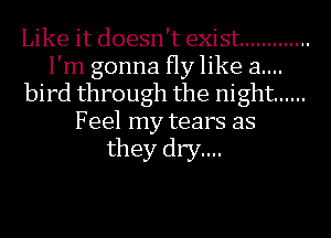 Like it doesn't exist .............
I'm gonna Hylike a....
bird through the night ......
Feel my tears as
they dry....
