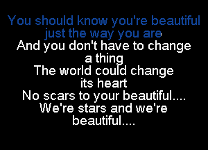 You should know you're beautiful
just the way you are
And you don't have to change
a thin?
The world cou d change
its heart
No scars to your beautiful....
We're stars and we're
beautiful....