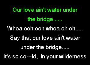 Our love ain't water under
the bridge ......
Whoa ooh ooh whoa oh oh .....
Say that our love ain't water
under the bridge .....

It's so co---Id, in your wilderness