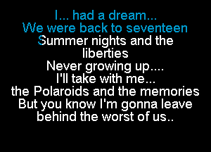 I... had a dream...

We were back to seventeen
Summer nights and the
liberties
Never growing up....

I'll take with me...
the Polaroids and the memories
But you know I'm gonna leave
behind the worst of us..