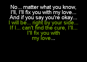 No... matter what you know,
I'll, I'II fix you with my love...
And if you say you're okgy...
Iwill be... ri ht by your si e...
If I... can't Ind the cure, I'II...
I'II fix ou with

my ove...