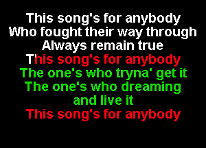 This song's for anybody
Who fought their way through
Always remain true
This song's for anybody
The one's who tryna' get it
The one's who dreaming
and live it
This song's for anybody

g