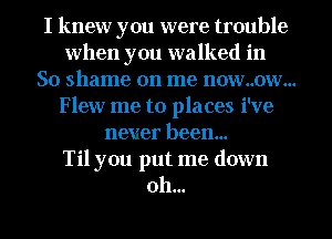 I knew you were trouble
when you walked in
So shame on me now..ow...
Flew me to places i've
never been...

Til you put me down
oh...