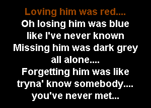 Loving him was red....
on losing him was blue
like I've never known
Missing him was dark grey
all alone....
Forgetting him was like
tryna' know somebody....
you've never met...