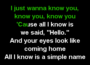 I just wanna know you,
know you, know you
'Cause all I know is
we said, Hello.

And your eyes look like
coming home
All I know is a simple name